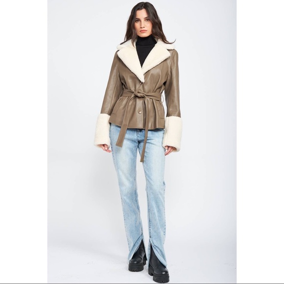 PRICE DROP Belted Faux Shearling Trimmed Taupe Leather Jacket - Picture 3 of 10